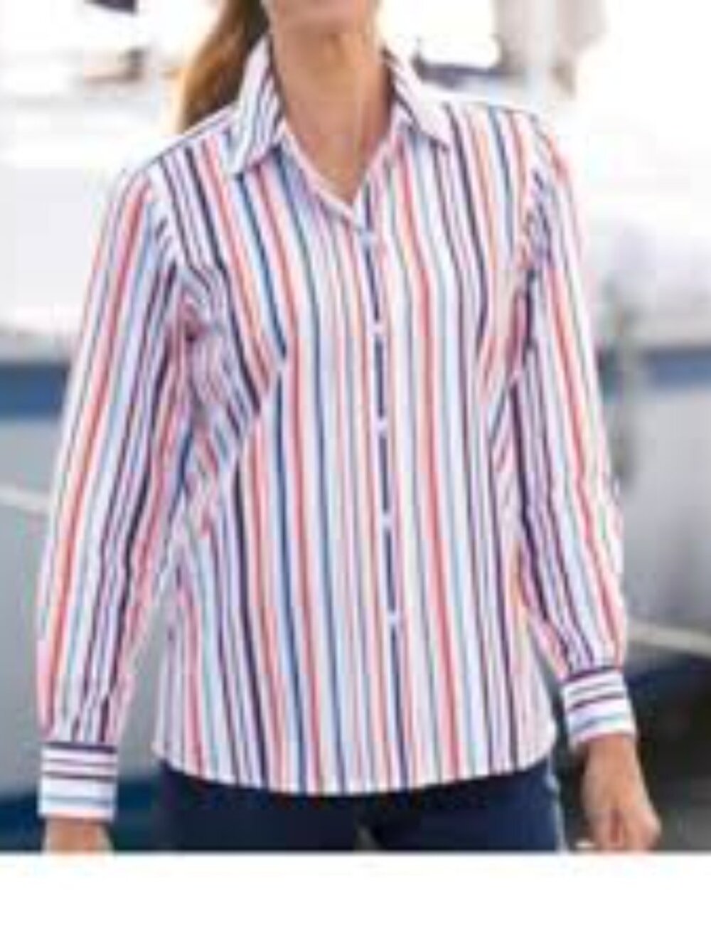 Foxcroft for Appleseed’s Striped Button Down Shirt Women’s 8 Red Blue White